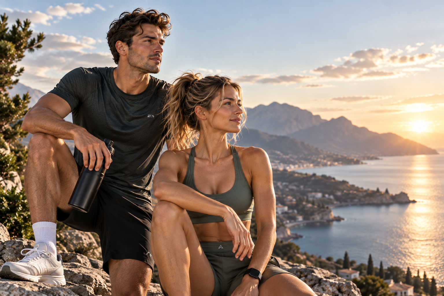 Man and woman in activewear resting on a coastal rock at sunrise