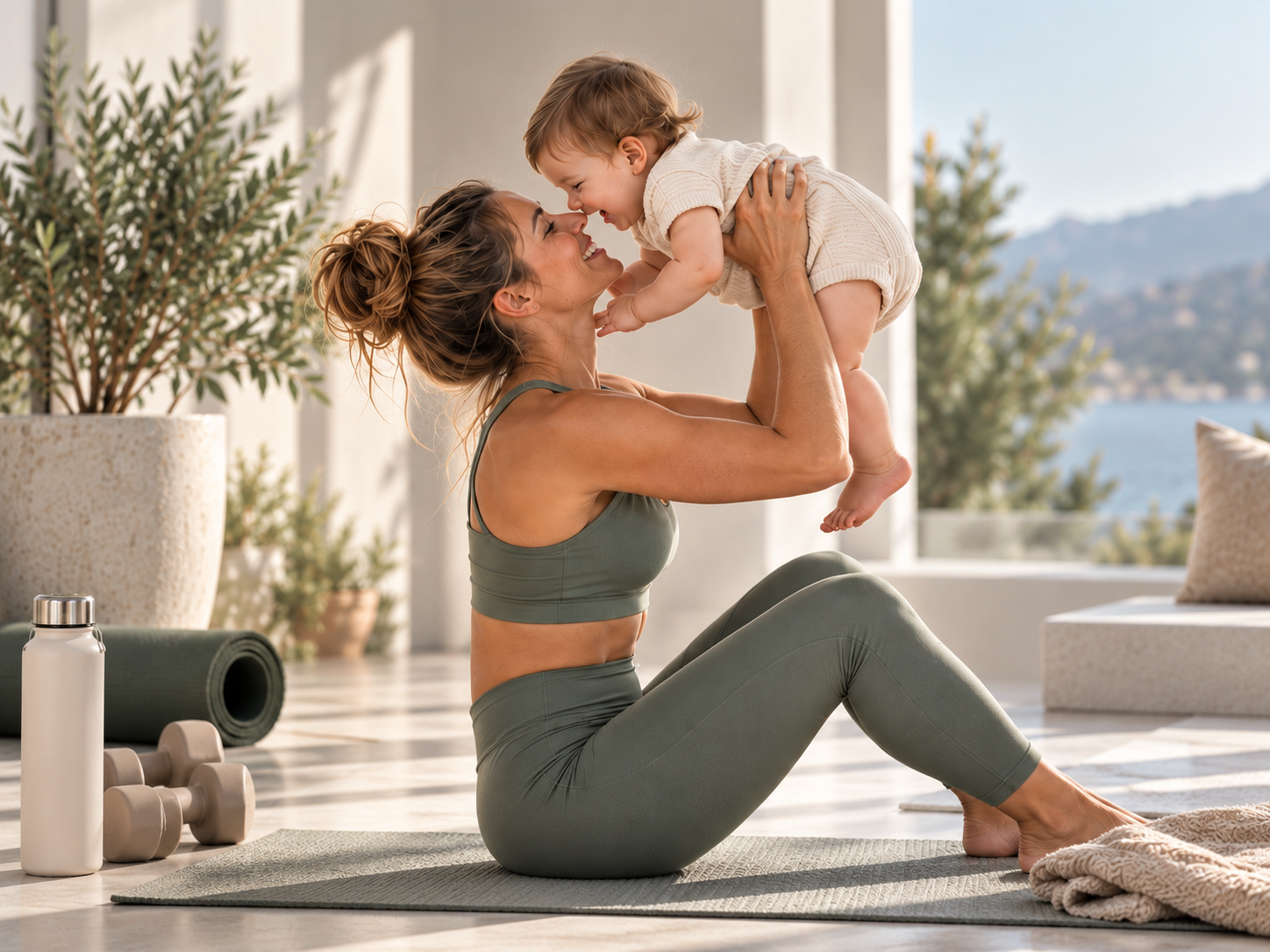 Mother sitting on a training mat lifting her smiling baby in a sunlit room